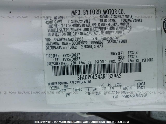 3FADP0L34AR183963 - 2010 FORD FUSION HYBRID WHITE photo 9