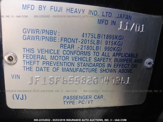 JF1SF65582G747361 - 2002 SUBARU FORESTER S BLUE photo 9