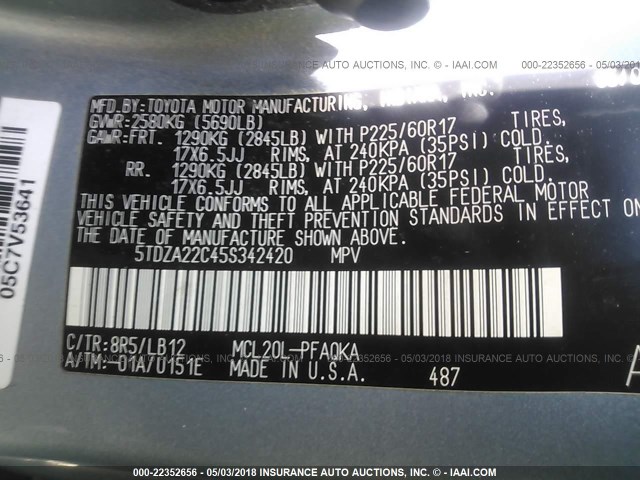 5TDZA22C45S342420 - 2005 TOYOTA SIENNA XLE/XLE LIMITED GRAY photo 9