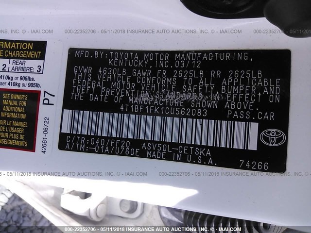 4T1BF1FK1CU562083 - 2012 TOYOTA CAMRY SE/LE/XLE WHITE photo 9