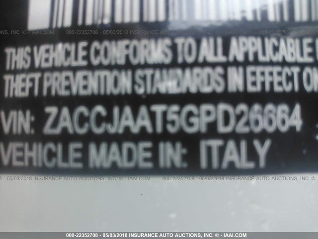 ZACCJAAT5GPD26664 - 2016 JEEP RENEGADE SPORT Սպիտակ լուսանկար 9