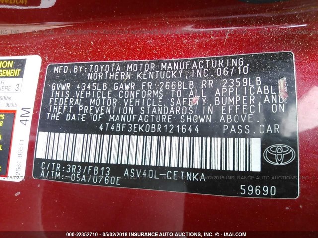 4T4BF3EK0BR121644 - 2011 TOYOTA CAMRY SE/LE/XLE RED photo 9
