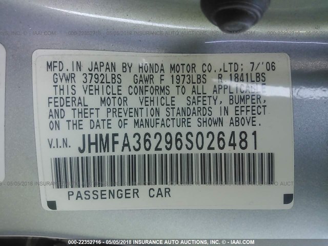 JHMFA36296S026481 - 2006 HONDA CIVIC HYBRID SILVER photo 9