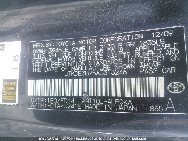 JTKDE3B75A0313246 - 2010 TOYOTA SCION TC 灰色 照片 9