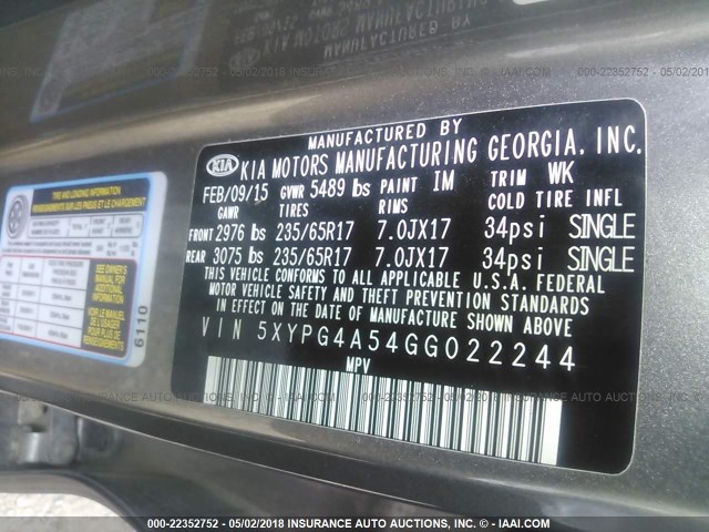 5XYPG4A54GG022244 - 2016 KIA SORENTO LX/L GRAY photo 9