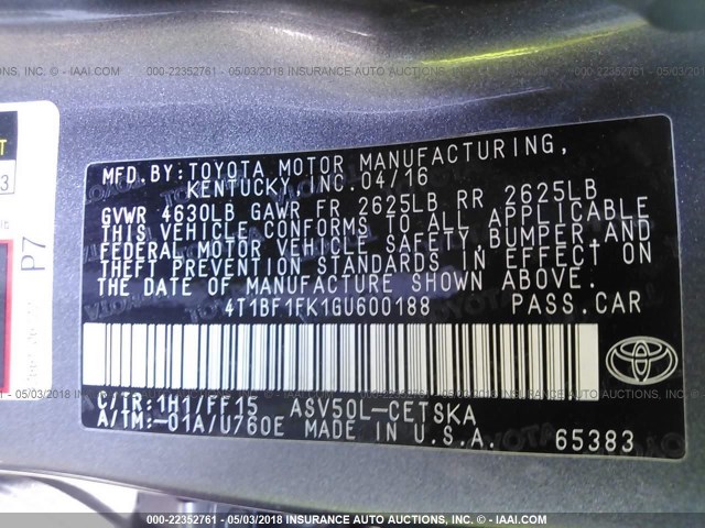 4T1BF1FK1GU600188 - 2016 TOYOTA CAMRY LE/XLE/SE/XSE Grau Foto 9