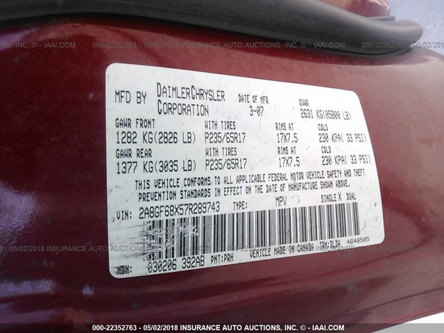 2A8GF68X57R289743 - 2007 CHRYSLER PACIFICA TOURING RED photo 9