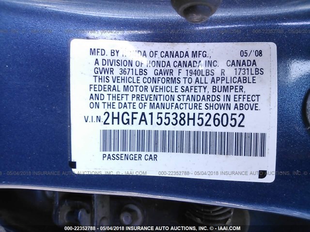 2HGFA15538H526052 - 2008 HONDA CIVIC LX BLUE photo 9