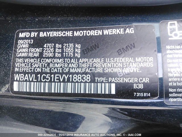WBAVL1C51EVY18838 - 2014 BMW X1 XDRIVE28I BLUE photo 9