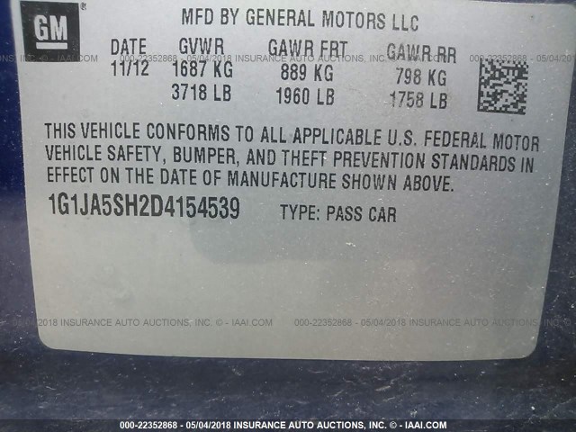 1G1JA5SH2D4154539 - 2013 CHEVROLET SONIC LS 蓝色 照片 9