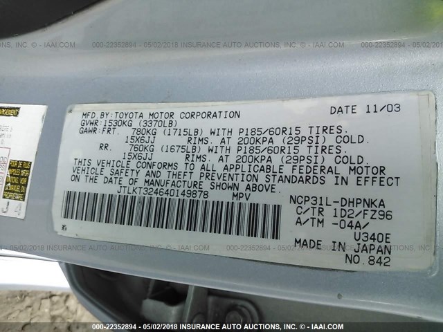 JTLKT324640149878 - 2004 TOYOTA SCION XB ღია ლურჯი ფოტო 9