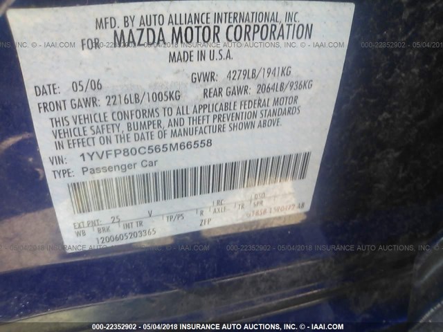 1YVFP80C565M66558 - 2006 MAZDA 6 I BLUE photo 9