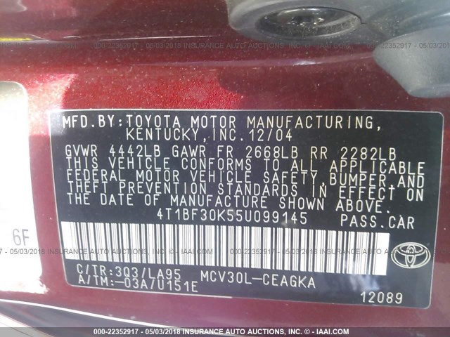 4T1BF30K55U099145 - 2005 TOYOTA CAMRY LE/XLE/SE Tünd qırmızı foto 9