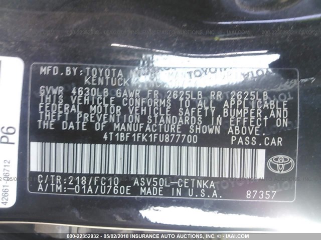 4T1BF1FK1FU877700 - 2015 TOYOTA CAMRY LE/XLE/SE/XSE შავი ფოტო 9