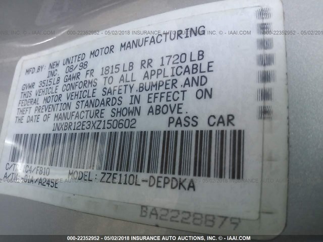 1NXBR12E3XZ150602 - 1999 TOYOTA COROLLA VE/CE/LE 银色 照片 9