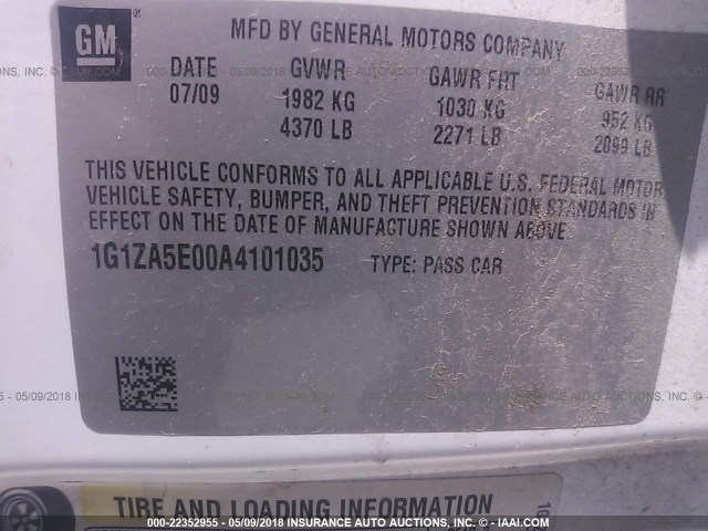 1G1ZA5E00A4101035 - 2010 CHEVROLET MALIBU LS 白色 照片 9