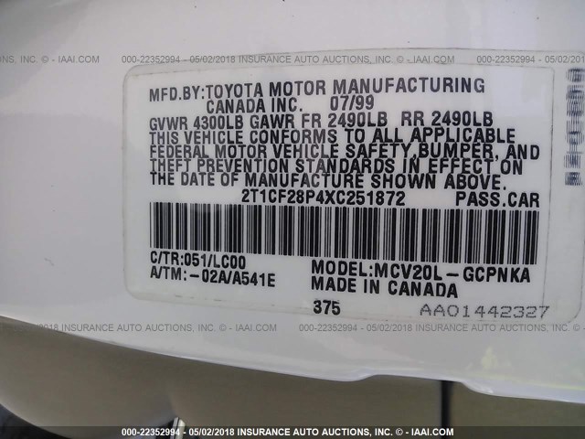 2T1CF28P4XC251872 - 1999 TOYOTA CAMRY SOLARA SE/SLE Ağ foto 9