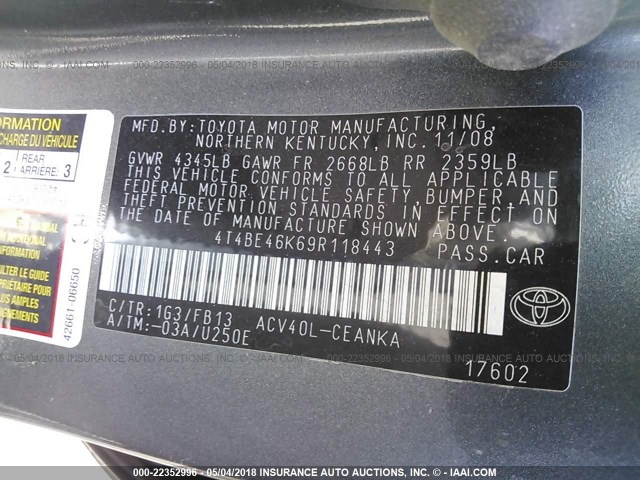 4T4BE46K69R118443 - 2009 TOYOTA CAMRY SE/LE/XLE GRAY photo 9