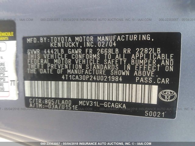 4T1CA30P24U021984 - 2004 TOYOTA CAMRY SOLARA SE/SLE 浅蓝色 照片 9