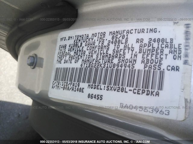 4T1BG22K31U094945 - 2001 TOYOTA CAMRY CE/LE/XLE SILVER photo 9