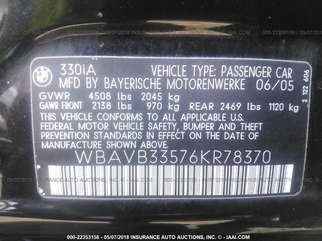 WBAVB33576KR78370 - 2006 BMW 330 I BLACK photo 9