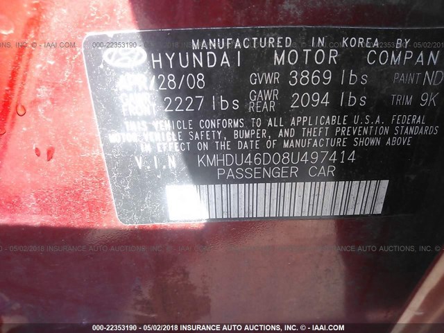 KMHDU46D08U497414 - 2008 HYUNDAI ELANTRA GLS/SE/LIMITED RED photo 9