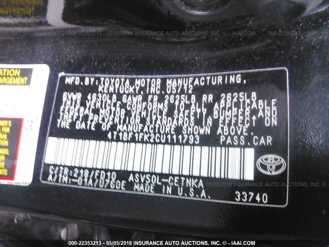 4T1BF1FK2CU111793 - 2012 TOYOTA CAMRY SE/LE/XLE Қара фото 9