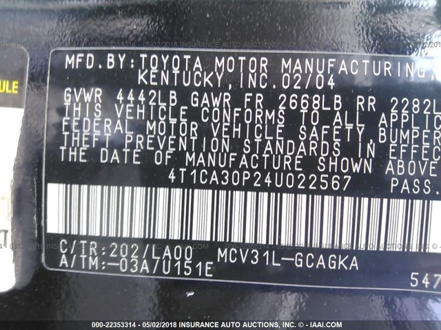 4T1CA30P24U022567 - 2004 TOYOTA CAMRY SOLARA SE/SLE Qara foto 9