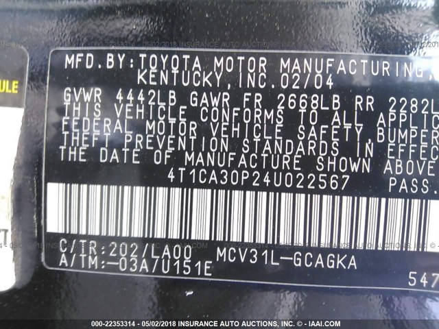 4T1CA30P24U022567 - 2004 TOYOTA CAMRY SOLARA SE/SLE BLACK photo 9