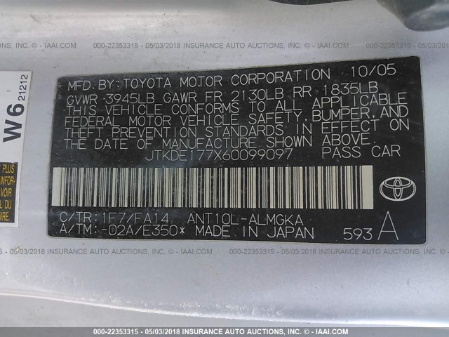 JTKDE177X60099097 - 2006 TOYOTA SCION TC 银色 照片 9