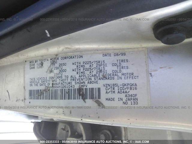 JT3HN86R4Y0261043 - 2000 TOYOTA 4RUNNER SR5 SILVER photo 9