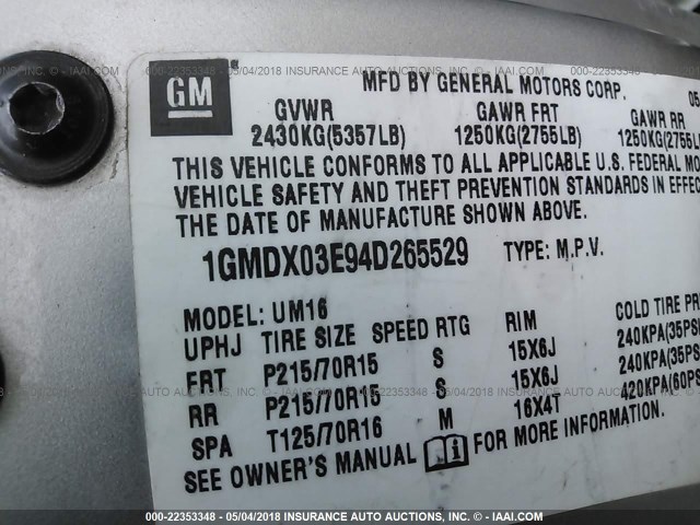 1GMDX03E94D265529 - 2004 PONTIAC MONTANA SILVER photo 9