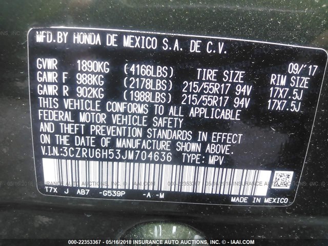 3CZRU6H53JM704636 - 2018 HONDA HR-V EX GREEN photo 9