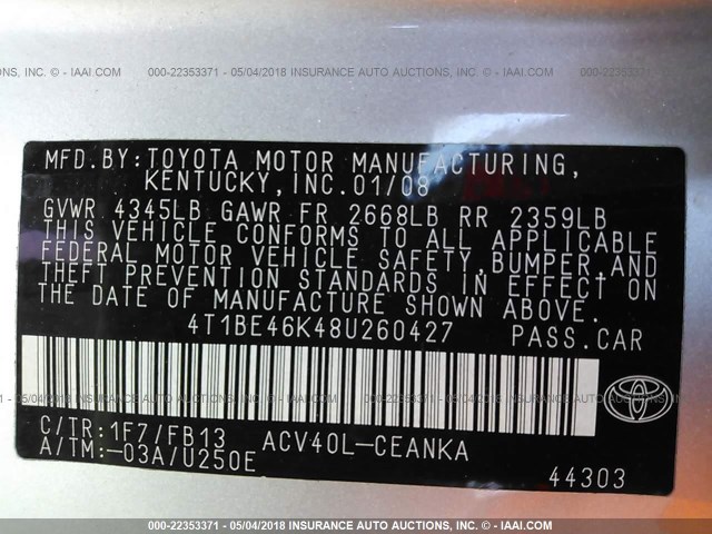 4T1BE46K48U260427 - 2008 TOYOTA CAMRY CE/LE/XLE/SE SILVER photo 9