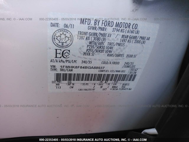 1FMHK8F84BGA88937 - 2011 FORD EXPLORER LIMITED 白色 照片 9