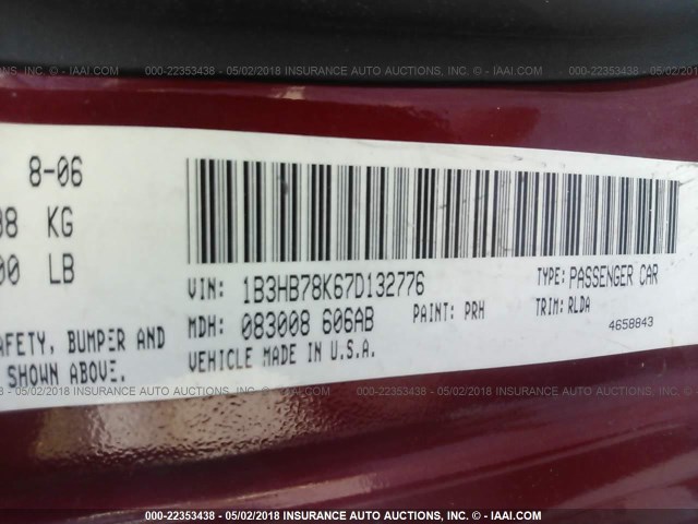 1B3HB78K67D132776 - 2007 DODGE CALIBER R/T BURGUNDY photo 9