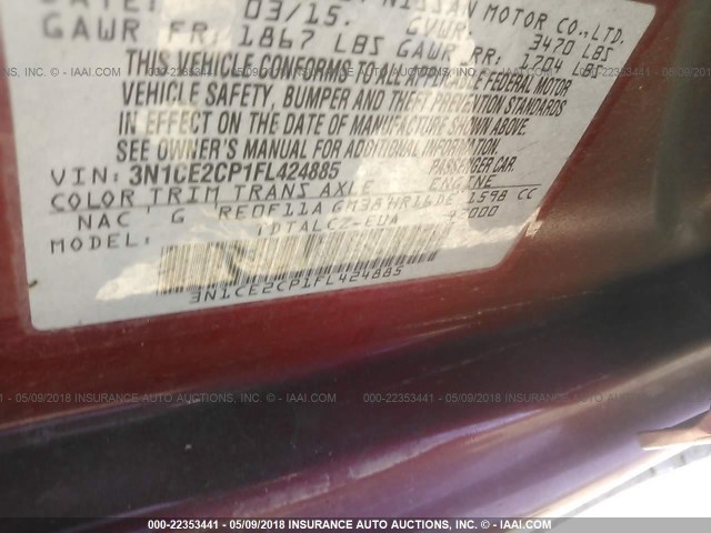 3N1CE2CP1FL424885 - 2015 NISSAN VERSA NOTE S/S PLUS/SV/SL/SR RED photo 9