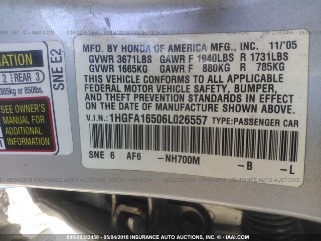 1HGFA16506L026557 - 2006 HONDA CIVIC LX SILVER photo 9