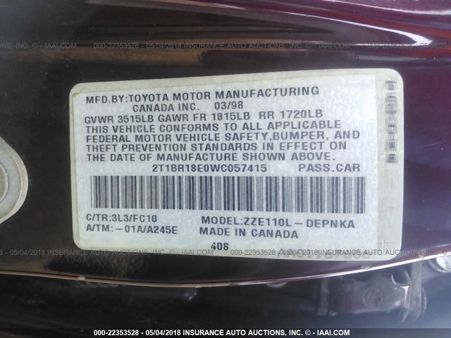 2T1BR18E0WC057415 - 1998 TOYOTA COROLLA VE/CE/LE 栗色 照片 9