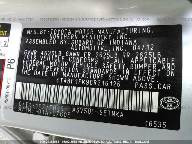 4T4BF1FK9CR216126 - 2012 TOYOTA CAMRY SE/LE/XLE SILVER photo 9