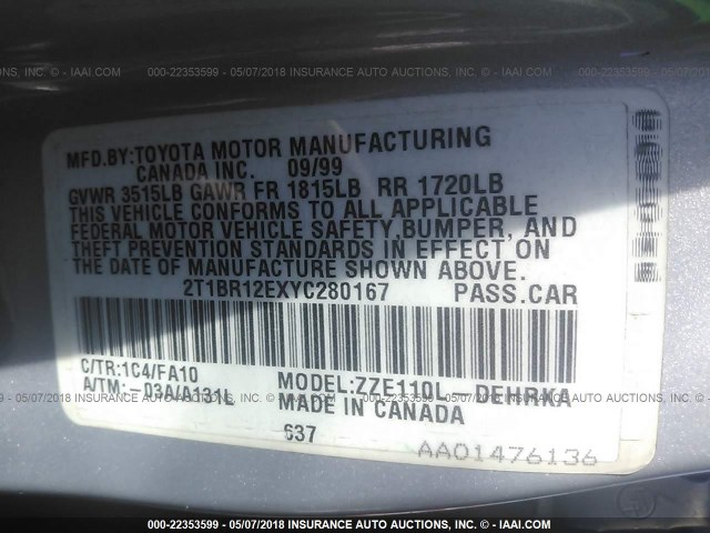 2T1BR12EXYC280167 - 2000 TOYOTA COROLLA VE/CE/LE 灰色 照片 9