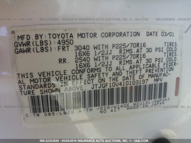 JTJGF10U410103197 - 2001 LEXUS RX 300 白色 照片 9