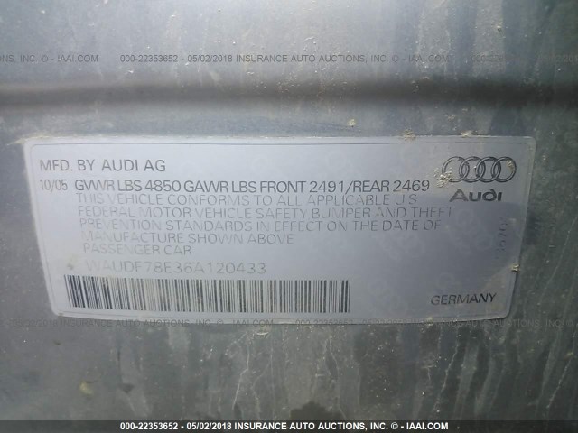 WAUDF78E36A120433 - 2006 AUDI A4 2.0T QUATTRO GRAY photo 9