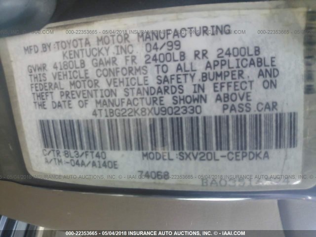 4T1BG22K8XU902330 - 1999 TOYOTA CAMRY CE/LE/XLE 深蓝色 照片 9