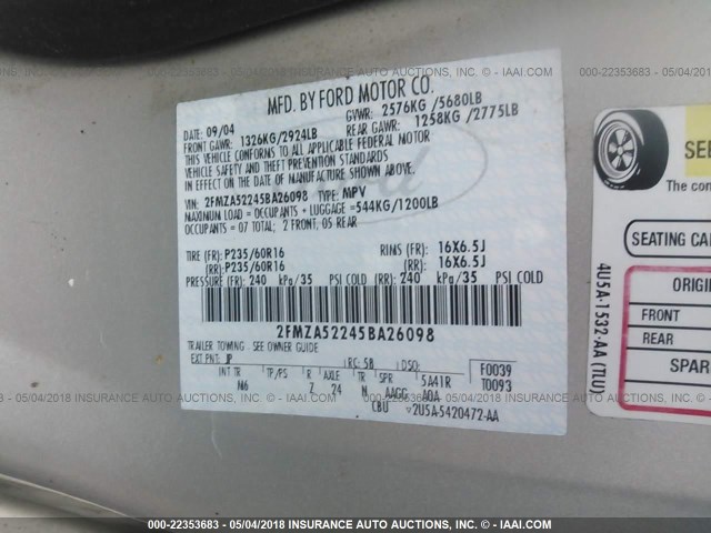 2FMZA52245BA26098 - 2005 FORD FREESTAR SEL SILVER photo 9