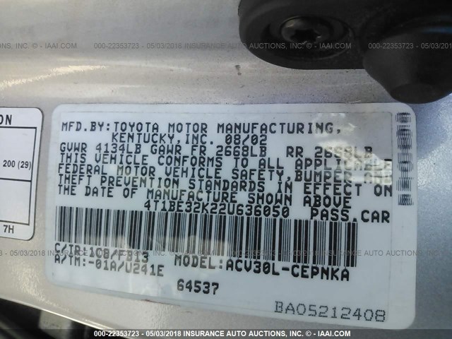 4T1BE32K22U636050 - 2002 TOYOTA CAMRY LE/XLE/SE SILVER photo 9