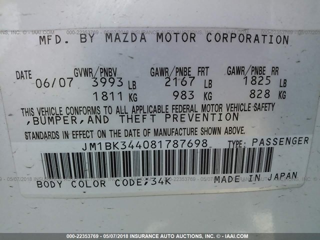 JM1BK344081787698 - 2008 MAZDA 3 HATCHBACK WHITE photo 9