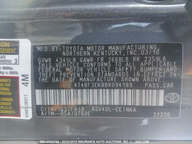 4T4BF3EK8BR094189 - 2011 TOYOTA CAMRY SE/LE/XLE GRAY photo 9