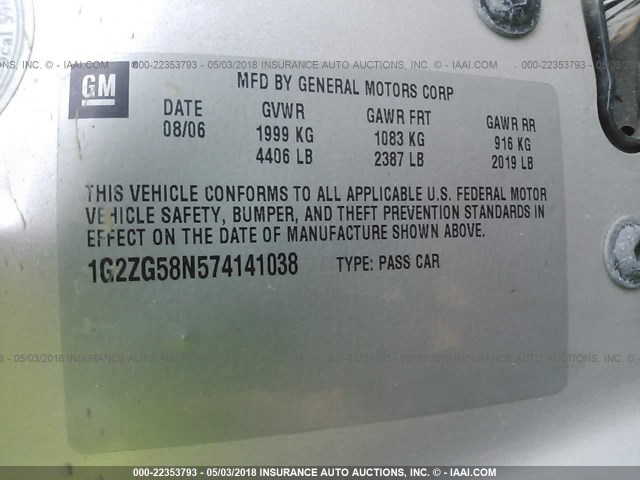 1G2ZG58N574141038 - 2007 PONTIAC G6 SE SILVER photo 9