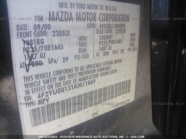 4F2YU08131KM11869 - 2001 MAZDA TRIBUTE LX/ES შავი ფოტო 9